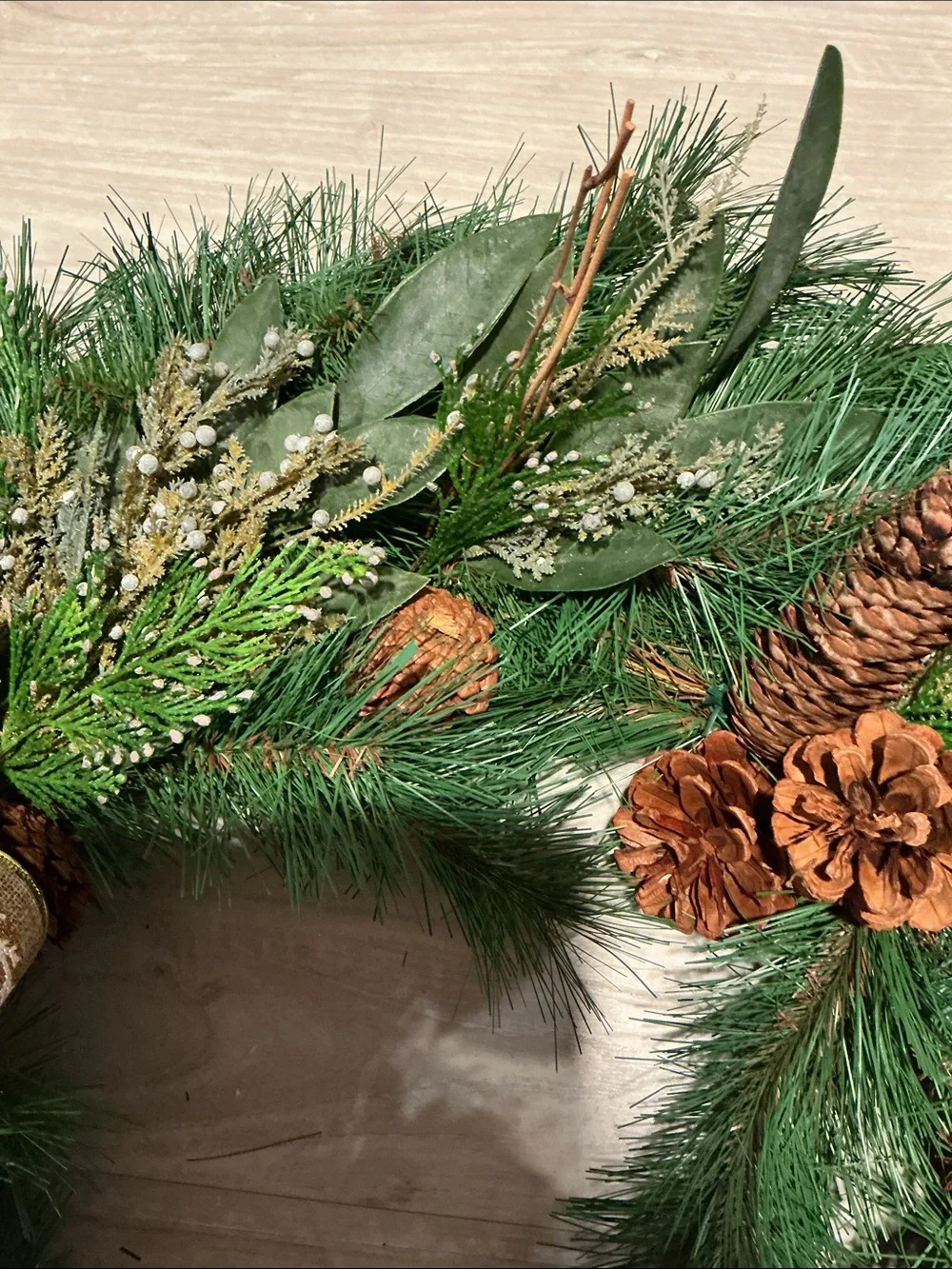 Wreath Green Pine Holiday Beautiful Large Wreath with Pinecones Gold Bow.